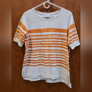 Denim & Company White and Orange Stripe T-shirt - Size S